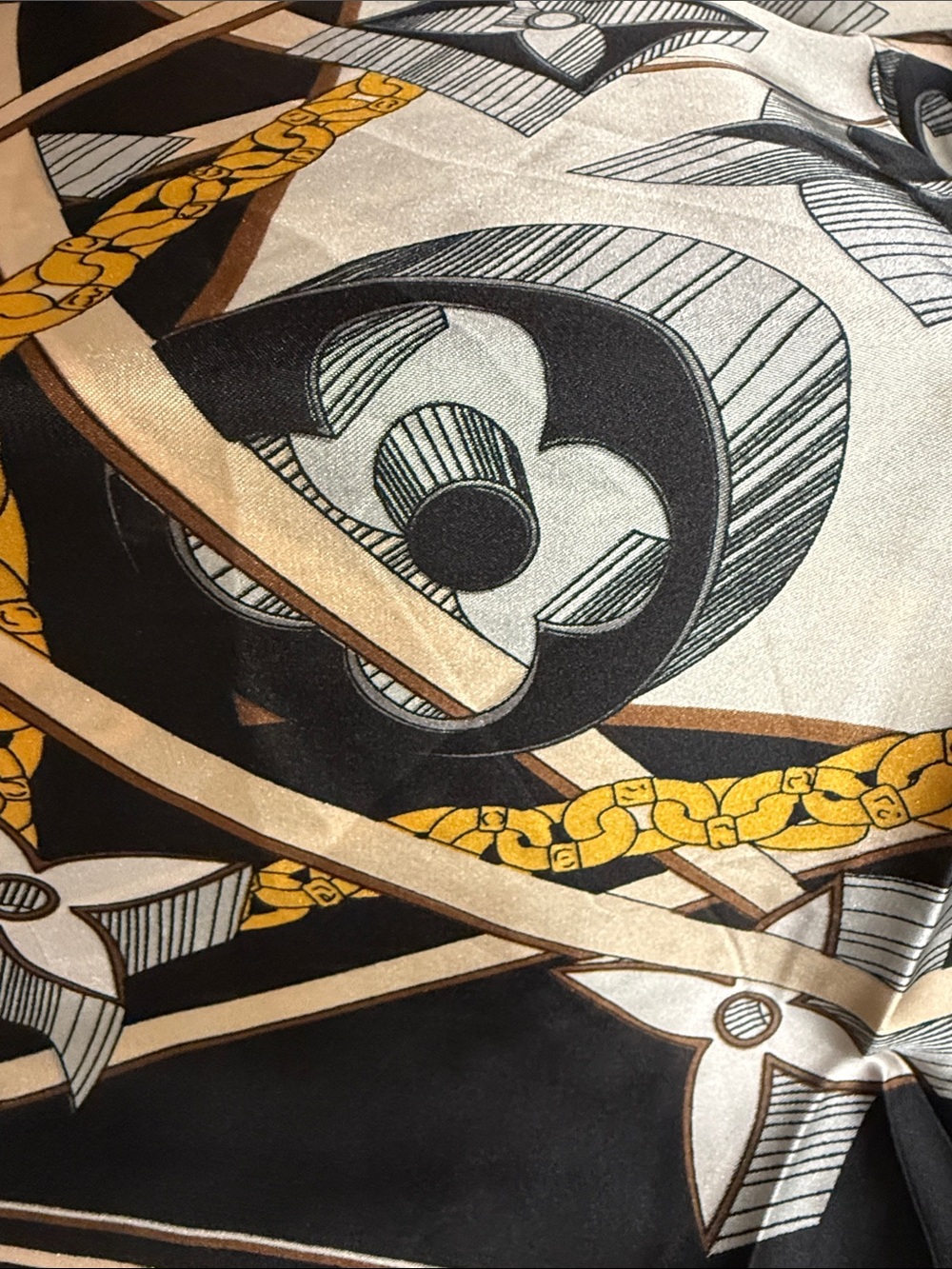 Silk Scarf with Bold Black, Gold & Cream Chain Print